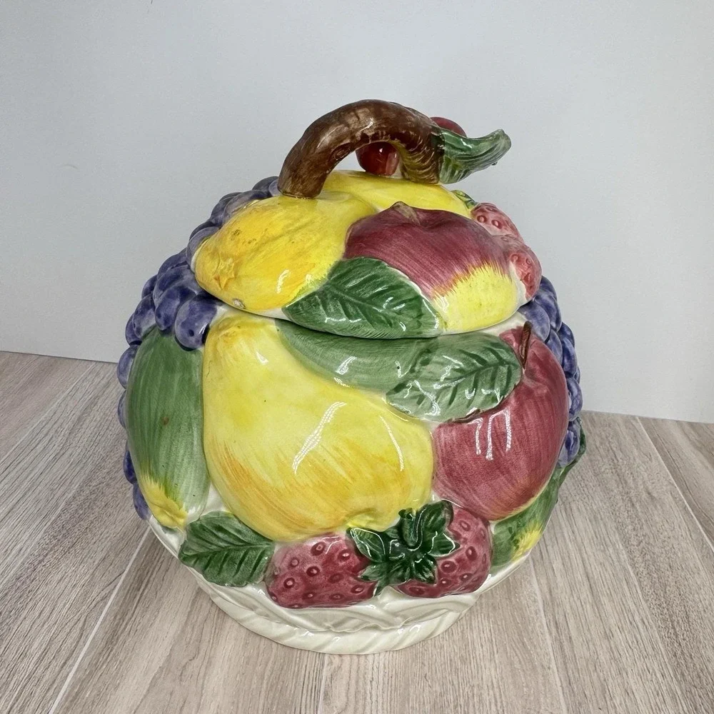 Otagiri‎ Japan Fruit Basket Cookie Jar Ceramic Apple Grape Strawberry READ